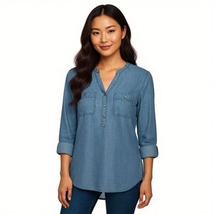 J. Jill Classic Blue Denim Popover Blouse Size M Long Sleeve Tunic Button Cuffs